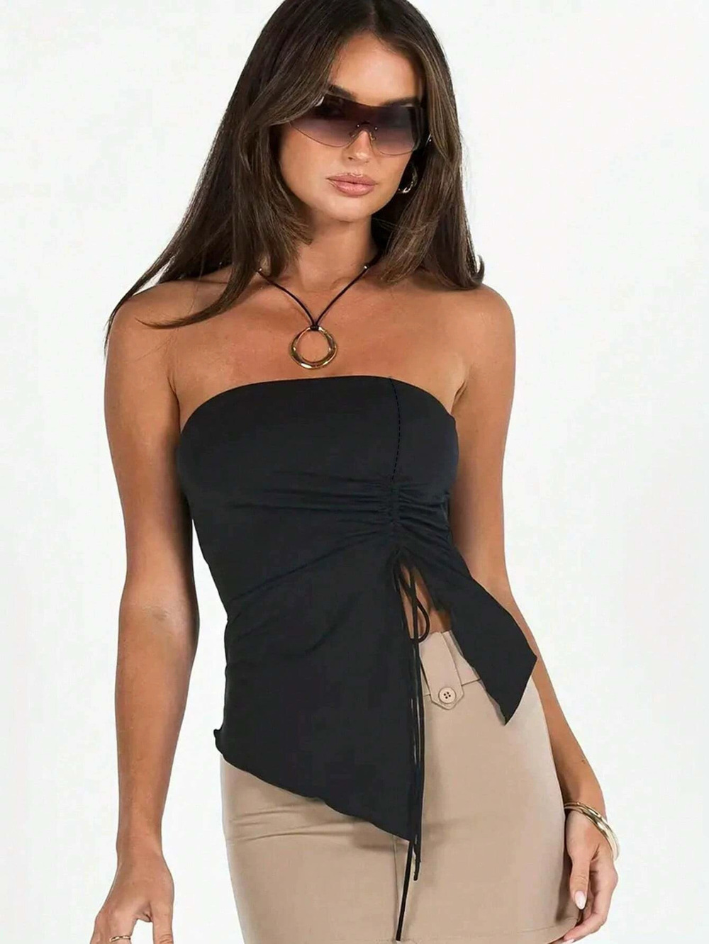 ZARA Drawstring Pleated Slit Slim Asymmetric Bandeau with Spaghetti Strap